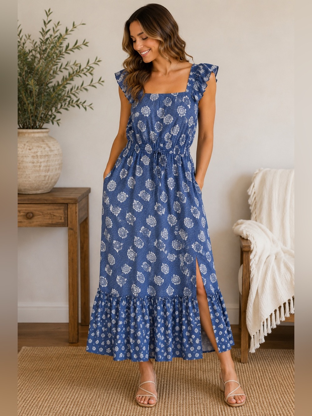 Dip Eco-Friendly Blue Floral Ruffle Midi Dress XL 100% Viscose Boho Cottagecore